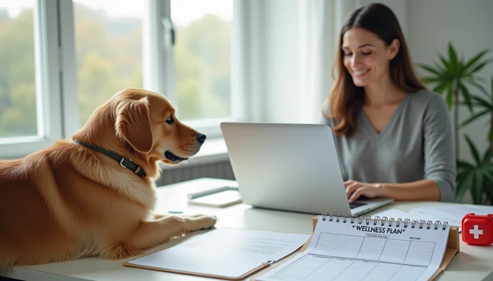Pet owner at a desk with wellness plan documents, calendar, and first-aid kit, accompanied by a calm dog in a modern home office.